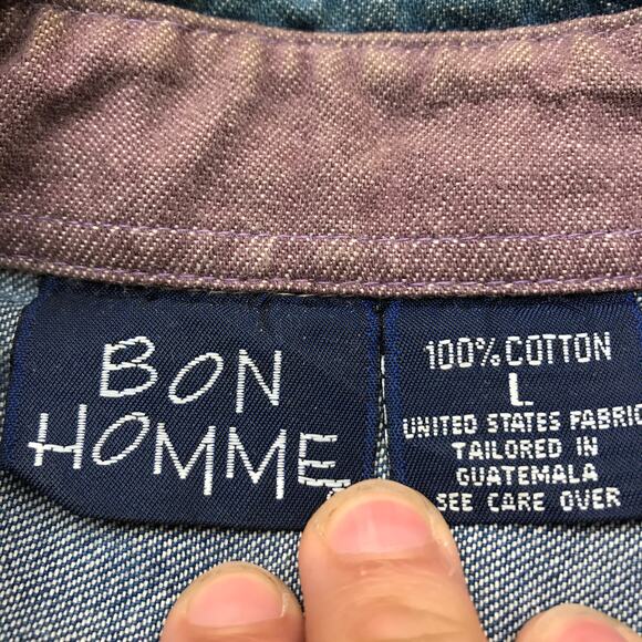 Vintage Bon Homme Button Down Denim Shirt Two Tone Mens Large Long Sleeve Pink - Picture 3 of 9